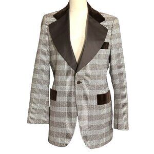 VINTAGE Tuxedo Jacket AFTER SIX BROWN PLAID SILVER METALLIC VELVET SATIN 1970's